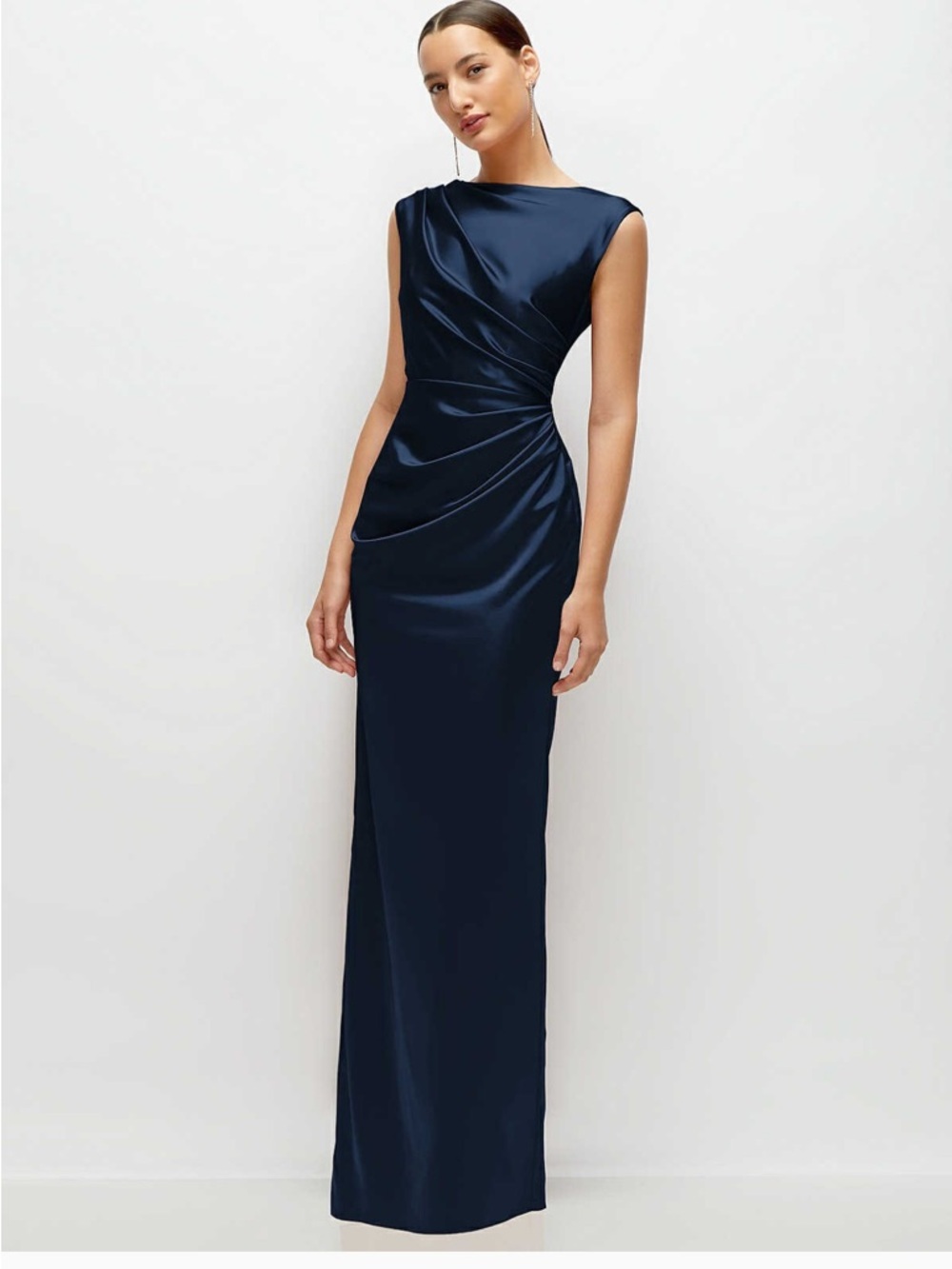 Dessy Satin Navy Dress with Draped Waist
